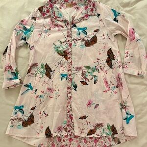 Tulip brand pink floral birds butterflies blouse cotton button‎ peekaboo small